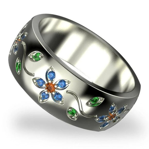 Colorful Small Flower Vine Silver Ring - Picture 4 of 7